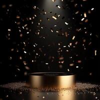 Black background with golden podium and glittering golden confetti. For product display, advertising banners, promotions and presentations. Elegant and stylish design for premium events photo