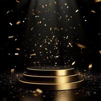 A golden podium in the center of the stage under bright spotlights with golden confetti falling from above. A luxurious, festive banner on a dark background, for promotions, awards and presentations. photo
