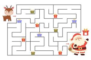 Maze game. Help the reindeer collect all the lost Christmas gifts. Count and write them down. Santa Claus's bag of gifts has torn. Labyrinth. Educational puzzle template. vector