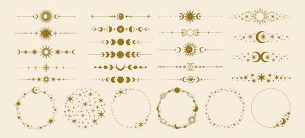 Celestial dividers. Decorative sun and moon border. Magic text decor divider and frame with astrology mystical stars, moon phase, shining sun. Fantasy elements vector