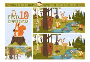 Find differences game. Kids game with forest animal. Funny education game for children. Printable page with puzzle. Autumn woodland scene with animals. concept vector