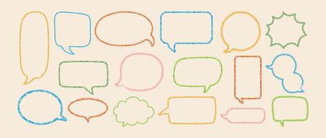 Pencil speech bubbles. Grunge chalk talk frame. Comic color dialog box in sketch style. Texture crayon communication speech bubble. Stickers for messages. set vector