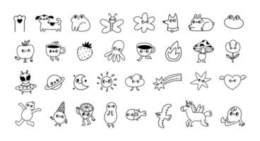 Cute funky characters. 70s groovy sketch hippie line icons. Abstract doddle little tattoo. Simple linear style dog, flower, coffee cup, unicorn for social media. set vector