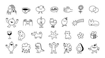 Cute doodle. Abstract sketch little tattoo. Simple kid line illustration. Hand drawn decorative black funny characters for branding, prints, stickers. set vector