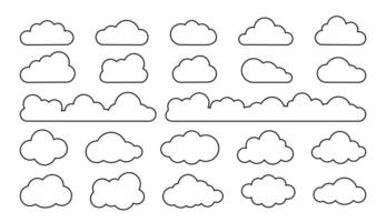 Line cloud. Simple sky outline clouds. Abstract comic cloudy different shapes. Puffy, fluffy and cumulus cloudscape icons. Childish weather black strokes elements set vector