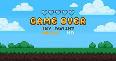 Pixel game over background. Retro 8 bit games screen with empty hearts. Arcade interface landscape with choice buttons and score information. concept banner vector
