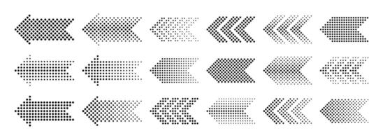 Dotted arrow icons. Halftone pointers, cursors, direction signs, sideways arrows with black dots. Navigation pictograms for infographics and design elements. set vector
