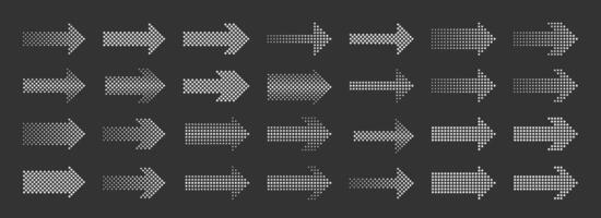 Halftone arrows. Dotted arrow. Direction pointers, simple signs with dots in different shapes. Halftone effect cursors, navigation symbols. Arrow icons set vector