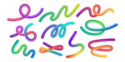 Wavy gradients. Rainbow abstract waves, colorful fluid spiral and squiggly lines, liquid twisted geometric shapes. Isolated 3d elements with vivid iridescent gradient set vector