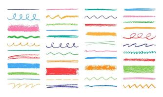 Pencil brush strokes. Grunge crayon texture. Color grungy stain and line. Thick and thin, curly stripes. Wavy paint brushes, pen lines. Hand drawn scribbles elements vector