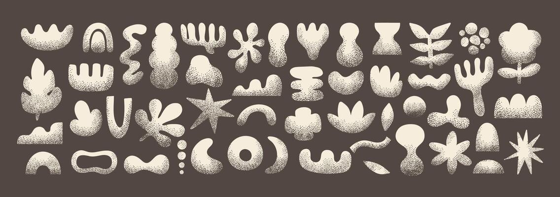 Naive abstract shapes. Doodle elements with noisy grain pattern. Natural objects with grunge texture. Trendy shape silhouette, minimalist amorphous form, set