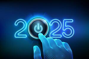 2025 start. Finger about to press a power button. Happy new year 2025. New Year two thousand and twenty five is coming concept. vector