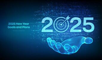 2025 New year Goals and plans. Numbers 2025 made with currency symbols in wireframe hand. New 2025 financial year. Business plan and strategies. Background with currency signs. vector