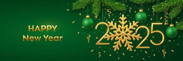 Happy New Year 2025. Hanging Golden metallic numbers 2025 with snowflake, balls, pine branches and confetti on green background. New Year greeting card or banner template. Holiday decoration. vector