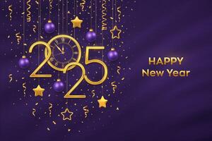 Happy New Year 2025. Gold metallic numbers 2025 and watch with Roman numeral and countdown midnight, eve for New Year. Hanging golden stars and balls on purple background. vector
