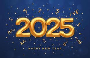 Happy New Year 2025. Golden 3D numbers 2025 on blue background. Realistic festive metallic luxury gold numbers. Merry Christmas and Happy New Year greeting card. vector