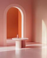 Minimalist abstract scene with round podium and arch. 3d render photo