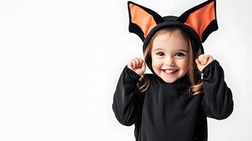 Baby girl in bat costume, posed on white background. Halloween cute kid portrait with space for text photo
