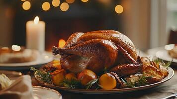 Thanksgiving feast featuring roasted turkey centerpiece. Table spread with traditional American dishes, potatoes, fruits and candles photo