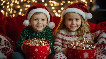 Happy children in ugly sweaters and santa claus hats eating popcorn and candies and watching cartoons at home on new year and christmas eve photo