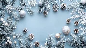 Top view of Christmas decorations with pine cones, tree branches and snow. Seasonal backdrop for holiday festivities with copy space in center photo