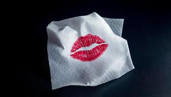 Kiss mark on a tissue paper against a dark background photo