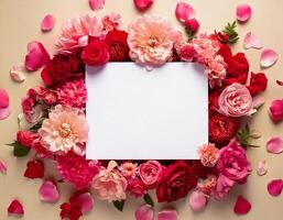 Pink flowers scattered on a soft neutral color palette with blank card, valentines day concept photo
