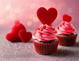 Cupcakes with red and pink frosting, heart on the background, valentine's day photo