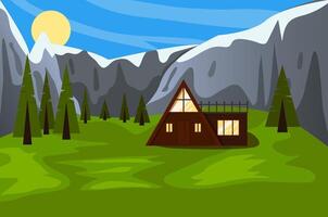 Landscape of Triangular tiny house for comfortable camping in forest with mountains in background. Eco-friendly holiday concept. flat illustration vector