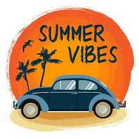 The logo for summer vibes, with a car driving on the beach vector