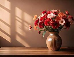Flower vase on the side with pink, and red flowers, soft light, depth of field photo