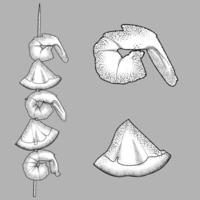 engraving illustration of grilled shrimp and lemon slices vector