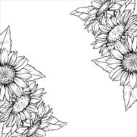 Sunflower Frame. Flower arrangement drawing in line art style. Botanical illustration of chamomile painted by black inks. Hand Drawn Bouquet of daisies. Graphics element outline vector