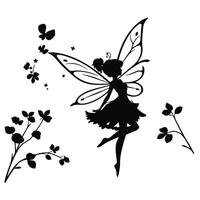 A black and white silhouette of a fairy with butterflies vector