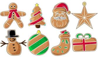 Set of gingerbread Christmas elements, Santa, Christmas Tree, Gingerbread Man, and Snowman etc isolated on a white background vector