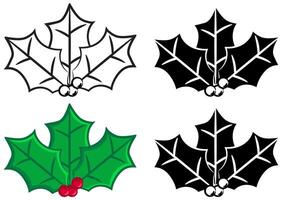 Set of festive Holly vectors in Black and white and colour with cartoon style outline versions isolated on a white background