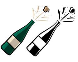 Champagne bottles with the cork popping in colour and black and white versions, isolated on a white background vector