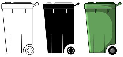 Set of Wheelie Bin flat elements in black and white and colour cartoon versions isolated on a white background vector