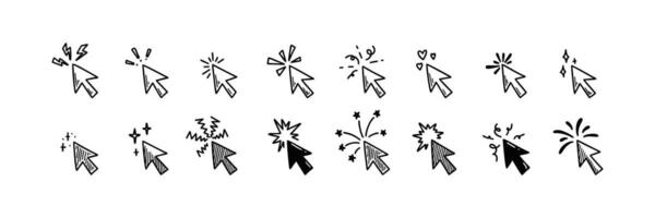 Holiday firework, sparkle and glitter arrow pointers. Doodle click cursor. Merry Christmas and happy new year design element. Festive sketch illustration vector