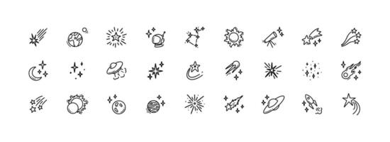 Cute line doodle space icons set. Hand drawn linear simple cosmic design elements. Rocket, sun, moon, planet, falling stars contour illustrations. Childish crayon drawing. Solar system vector