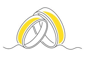 One continuous line drawing of two wedding rings. Romantic elegance concept and symbol proposal engagement and love marriage in simple linear style. Editable stroke. vector
