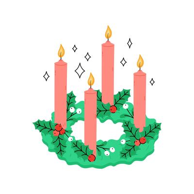 Christmas wreath with Advent Candles. Cute illustration. Isolated Xmas holiday symbol for December seasonal designs and greeting cards. Flat and doodle elements.