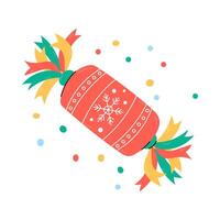 Christmas cracker isolated. illustration of broken holiday cracker and confetti. Cute colorful Xmas or New Year flat and doodle design element. vector