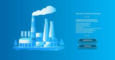 A futuristic industrial facility with distinct blue structures and a smokestack, showcasing innovative design and advanced technology concepts. vector