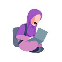 Hijab Student Working With Laptop vector