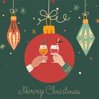 Christmas illustration with festive ornaments and hands toasting with drinks on a dark green background vector