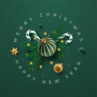 Christmas greeting with green and gold ornament, candy canes, pine branches, and festive lights arranged on a green background vector