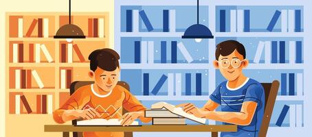 Two Students Learn in the Library Illustration vector