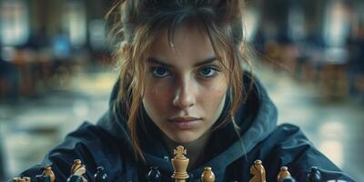 A woman strategizing and making a move in a game of chess photo
