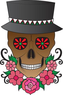 Festive skull with floral accents and top hat. This vibrant artwork showcases a stylized skull wearing a black top hat adorned with a colorful, geometric band.